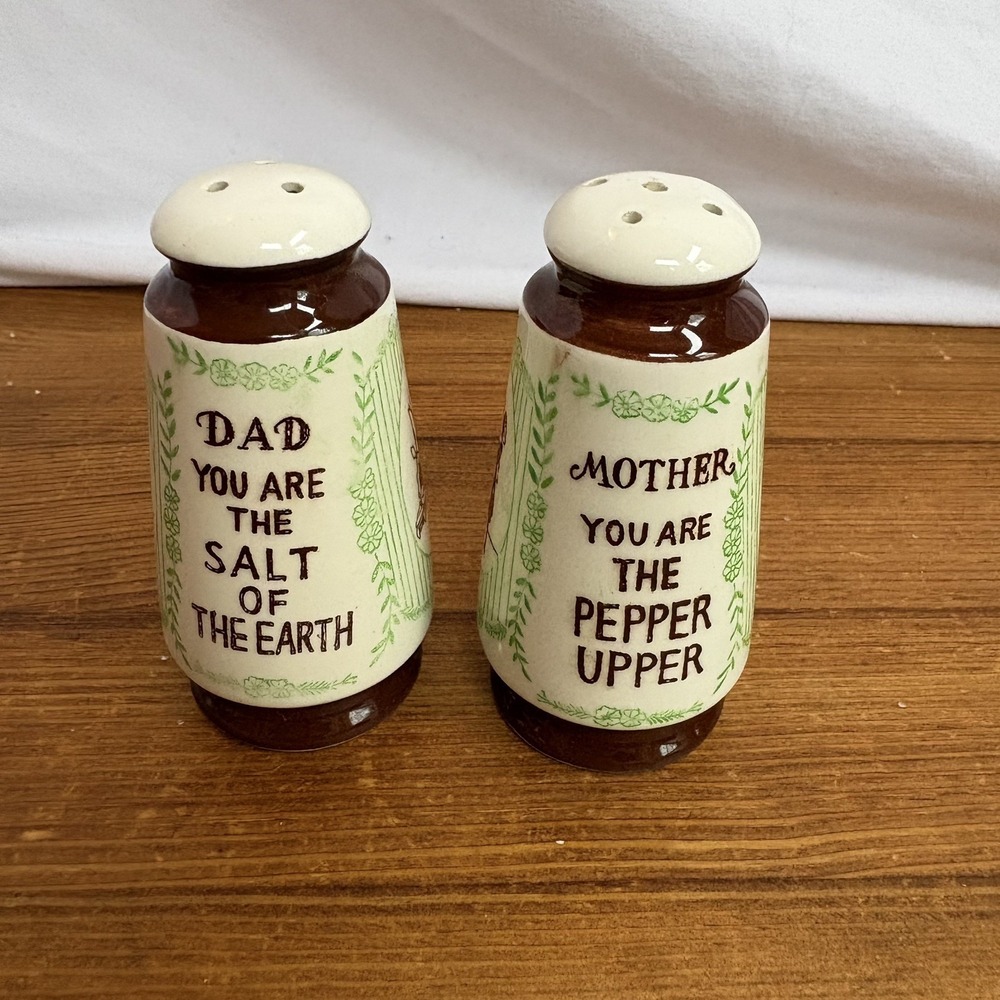 Vintage Mother Pepper Upper & Dad Salt of Earth Salt & Pepper Shakers JAPAN